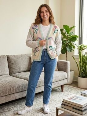 Vintage 80s Higbee's Pastel Floral Knit Cardigan Sweater Mint Pink Large